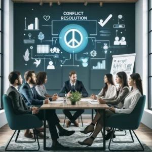 A diverse group of professionals seated around a conference table, engaged in a constructive discussion with positive body language and a whiteboard outlining conflict resolution steps.