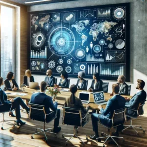 Diverse professionals engaged in a strategic meeting around a conference table with digital screens displaying data charts, representing effective decision-making in leadership.