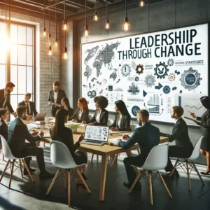 A diverse group of professionals gathered around a modern conference table, discussing change management strategies, with a whiteboard and digital devices displaying strategic plans.