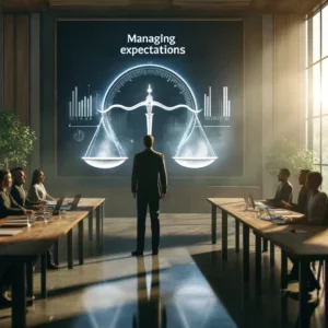 A leader stands confidently at the forefront of a meeting room, with a digital screen displaying a balance scale graphic in the background, symbolizing work-life balance in a leadership context.