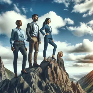 A diverse group of leaders stand on a rugged mountain, looking towards the horizon, symbolizing overcoming leadership challenges and achieving growth.