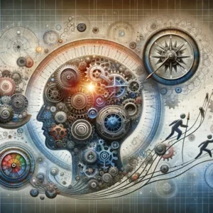An abstract conceptual design illustrating foundational mental processes in leadership, featuring a brain composed of gears, a compass for decision-making, and intertwined human figures symbolizing emotional connections.