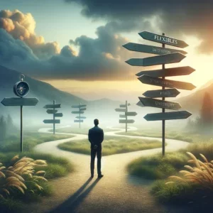 An inspiring image of a leader at a crossroads, looking at multiple paths with signposts and a compass, symbolizing flexible decision-making and navigating through uncertainty in leadership.