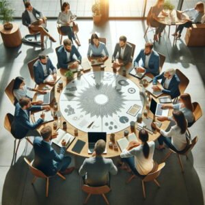 A group of diverse professionals collaboratively discussing around a round table in a modern corporate setting, symbolizing resilience and effective leadership.