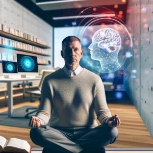 Thoughtful leader meditating in office with cognitive science displays