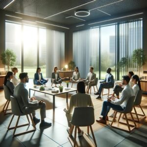 Diverse leaders participating in a mindful leadership session in a modern, serene office environment.