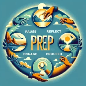 An illustrative depiction of the PREP method in leadership, featuring four segments: a serene setting with a stopped clock for Pause, a mirror reflecting thoughtful expressions for Reflect, diverse hands reaching towards each other symbolizing Engage, and a pathway leading forward for Proceed.