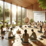 Diverse group of leaders engaged in mindfulness and discussion at a retreat center, with natural light and a whiteboard displaying leadership awareness concepts in the background.