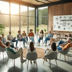 A diverse group of leaders engaged in discussion at a communication-focused retreat center, with natural light and a whiteboard in the background.