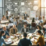 Leaders engaged in a dynamic workshop in a modern classroom, participating in discussions and group projects, with charts and whiteboards in the background displaying leadership concepts.