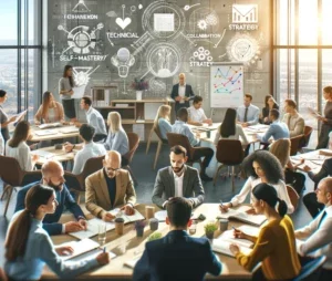 Leaders engaged in a dynamic workshop in a modern classroom, participating in discussions and group projects, with charts and whiteboards in the background displaying leadership concepts.