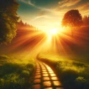 A serene sunrise over an open path through a lush green landscape, symbolizing growth and enlightenment in leadership.