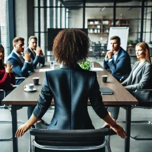 Female leader demonstrating focus and presence in a team meeting.