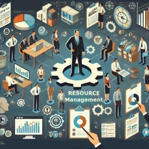 Leaders managing resources with a diverse team, symbolizing resource allocation, utilization, and investment in people.