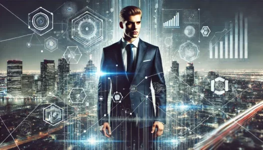 A confident business leader stands in front of a digital screen displaying complex data and graphs, with a cityscape and interconnected lines symbolizing technology and connectivity in the background.