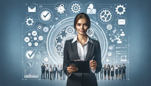 A female leader overseeing quality management in an organization, holding a clipboard, surrounded by symbols like gears, check marks, bar graphs, and a circular flowchart. Background features diverse team members and subtle industry icons.