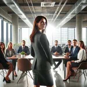 Female leader demonstrating presence and engagement in a modern office setting