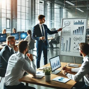 Business leader facilitating a decision-making session with a team in a modern office setting