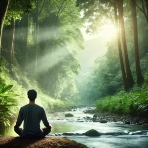 Leader practicing mindfulness exercises in a serene natural setting