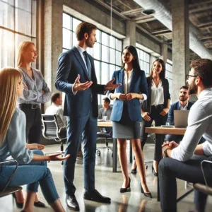 Business leader engaging with a team in a professional setting