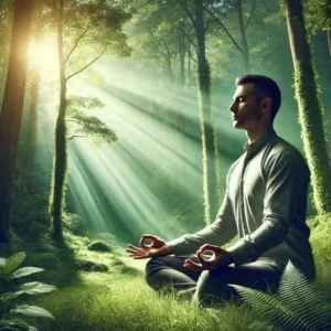 A serene leader seated in a meditative pose in a peaceful, lush green forest, practicing mindfulness.