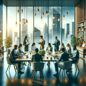 Diverse business professionals in discussion around a table in a modern office, symbolizing growth and learning in leadership.