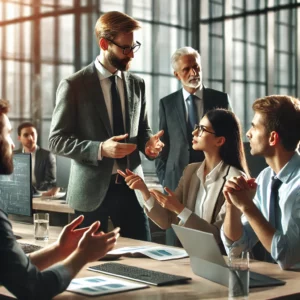 Business leader facilitating a conflict resolution meeting with a team in a modern office setting
